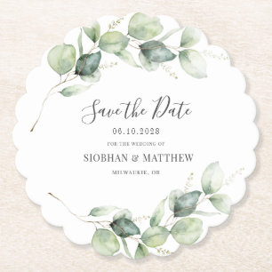 Eucalyptus Wedding Save the Date Announcement Paper Coaster