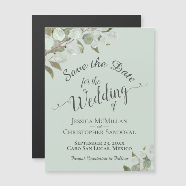 Eucalyptus Wedding Save the Date Calligraphy Mint Magnetic Invitation (Front/Back)