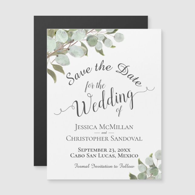 Eucalyptus Wedding Save the Date Calligraphy White Magnetic Invitation (Front/Back)