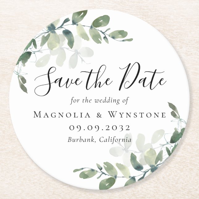 Eucalyptus Wedding Save The Date  Round Paper Coaster (Front)