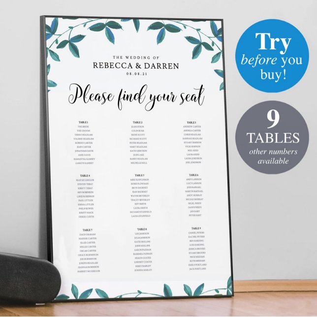 Eucalyptus Wedding Seating Chart with 9 tables (Creator Uploaded)