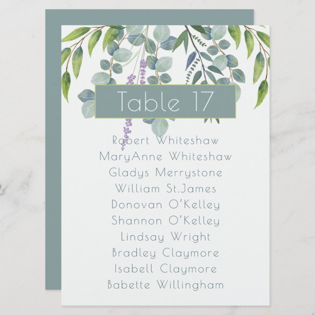 Eucalyptus Wedding Seating Table Number Names List (Front/Back)