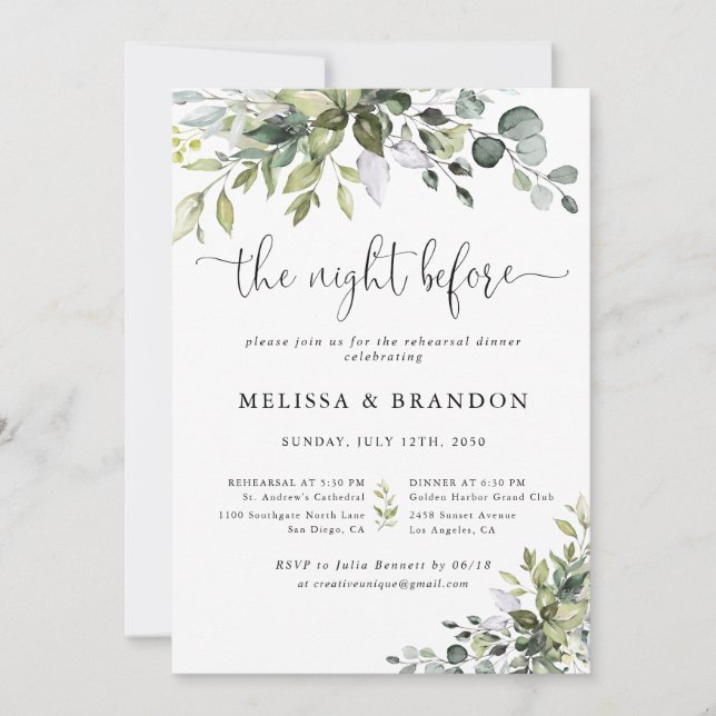Eucalyptus Wedding The Night Before  Invitation (Front)