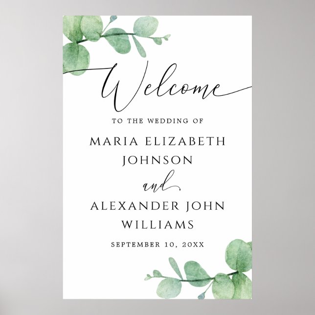 Eucalyptus Wedding Welcome Sign | Elegant Script (Front)