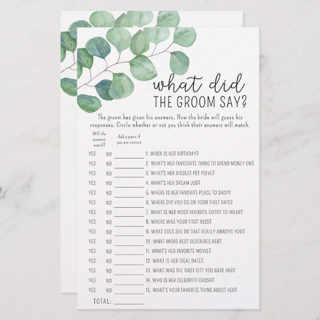 Eucalyptus - What did the groom say bridal game (Front/Back)