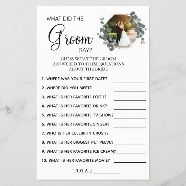 Eucalyptus What groom say Bridal shower game card (Front)