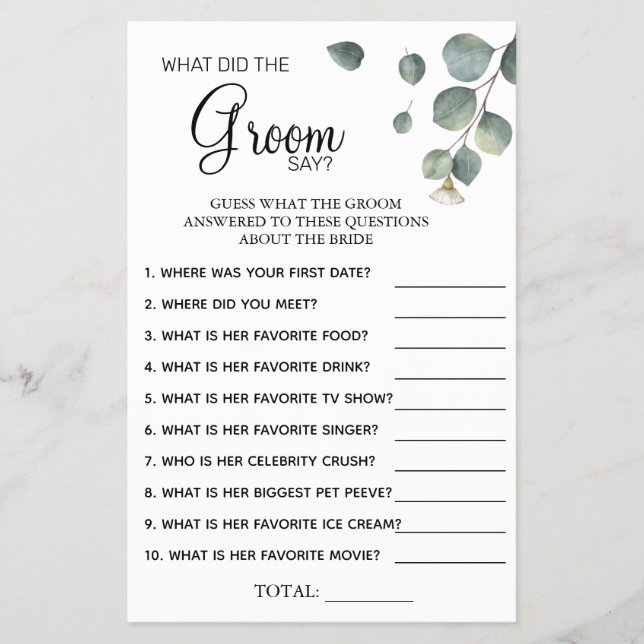 Eucalyptus What groom say Bridal shower game card (Front)