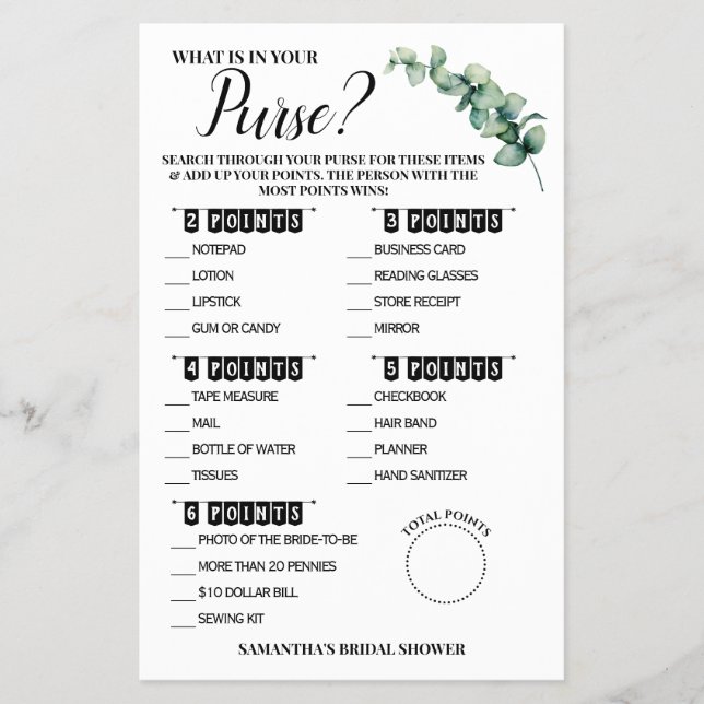Eucalyptus What is in your Purse Shower Game Card (Front)