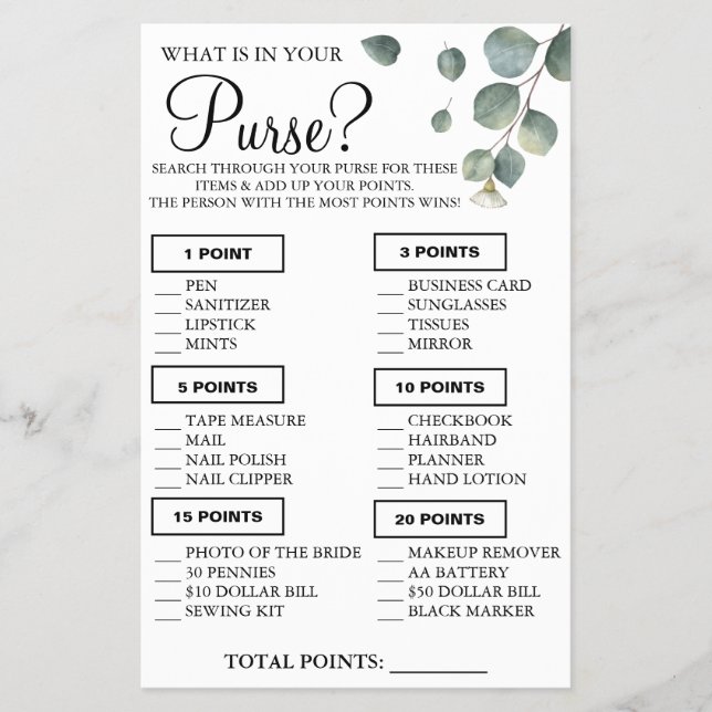 Eucalyptus What is in your purse Shower game card (Front)