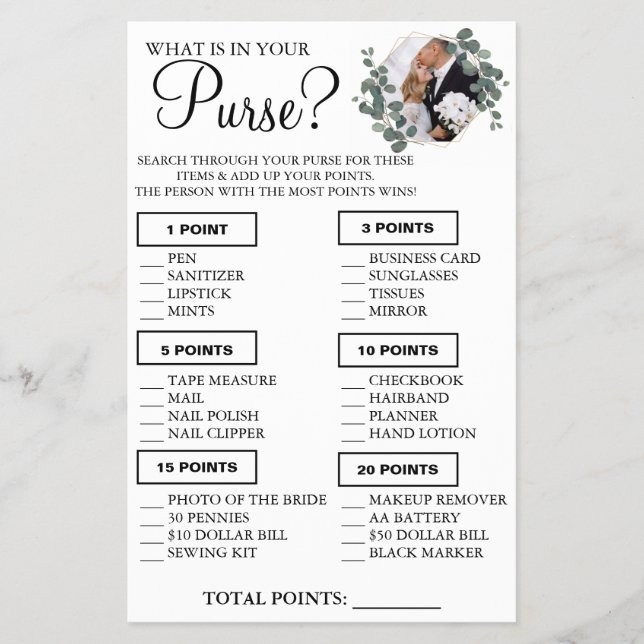 Eucalyptus What is in your purse Shower game card (Front)