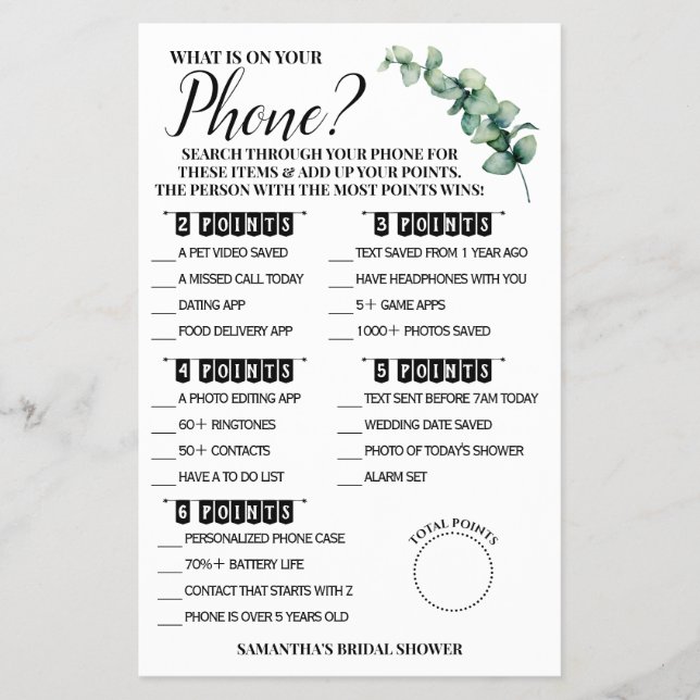 Eucalyptus What is on your Phone Shower Game Card  (Front)