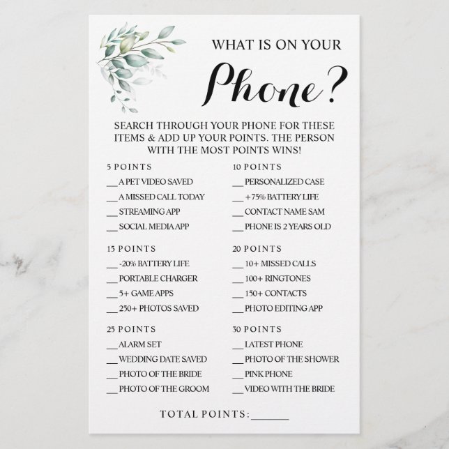 Eucalyptus What is on your Phone Shower Game Card (Front)