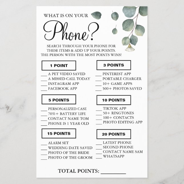 Eucalyptus What is on your phone Shower game card (Front)