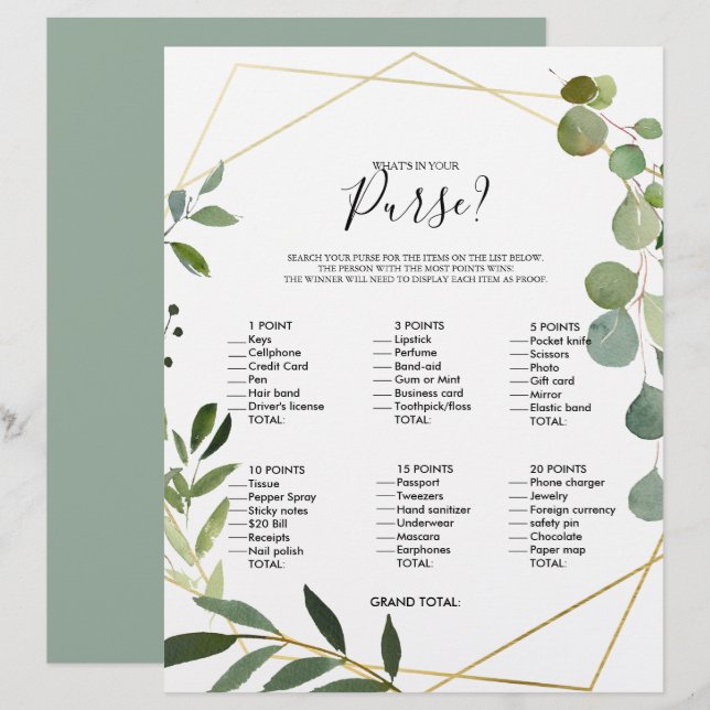 Eucalyptus What's in your Purse Bridal Shower Game (Front/Back)