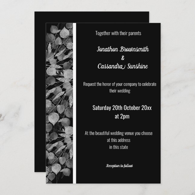 EUCALYPTUS WHITE BLACK SILVER TRIM WHITE INVITATION (Front/Back)
