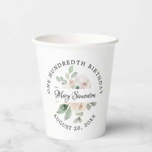 Eucalyptus White Floral 100th Birthday Party Paper Cups