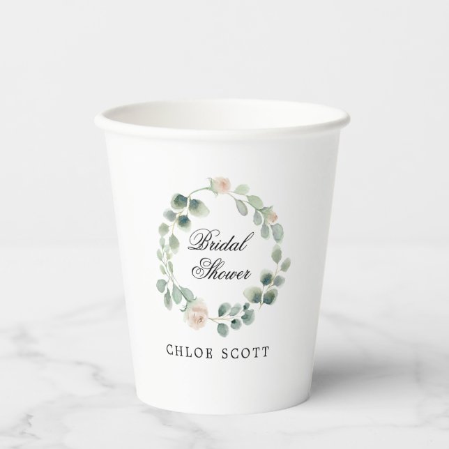 Eucalyptus White Floral Bridal Shower Paper Cups (Front)