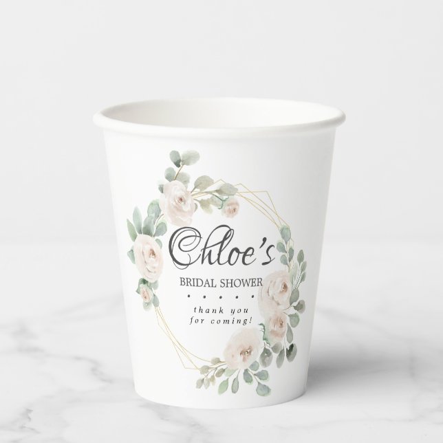 Eucalyptus White Floral Bridal Shower Paper Cups (Front)