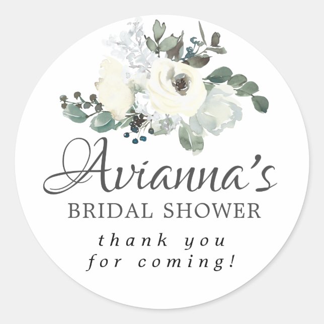 Eucalyptus White Floral Bridal Shower Thank You  Classic Round Sticker (Front)