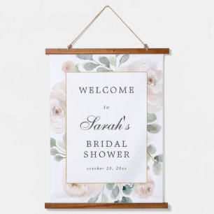 Eucalyptus White Floral Bridal Shower Welcome Sign Hanging Tapestry