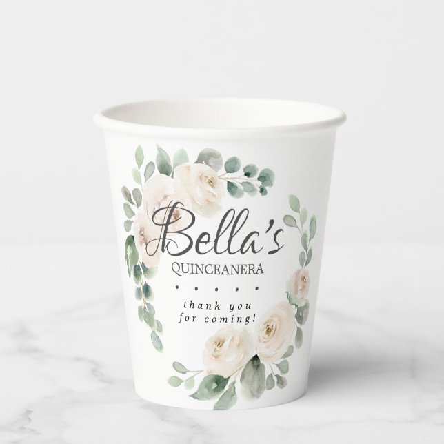 Eucalyptus White Floral Quinceanera Thank You Paper Cups (Front)
