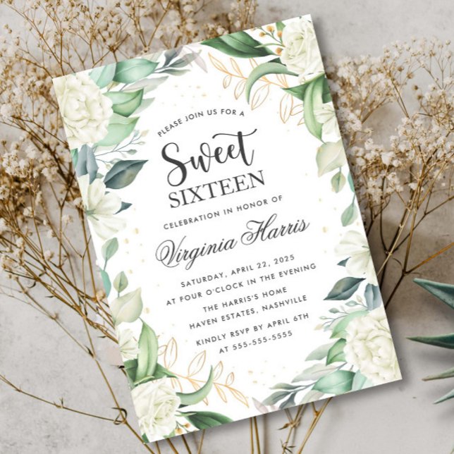 Eucalyptus White Floral Sweet Sixteen 16 Birthday Invitation (Creator Uploaded)
