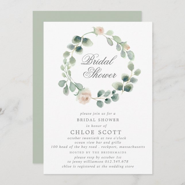 Eucalyptus White Floral Wreath Bridal Shower Invitation (Front/Back)
