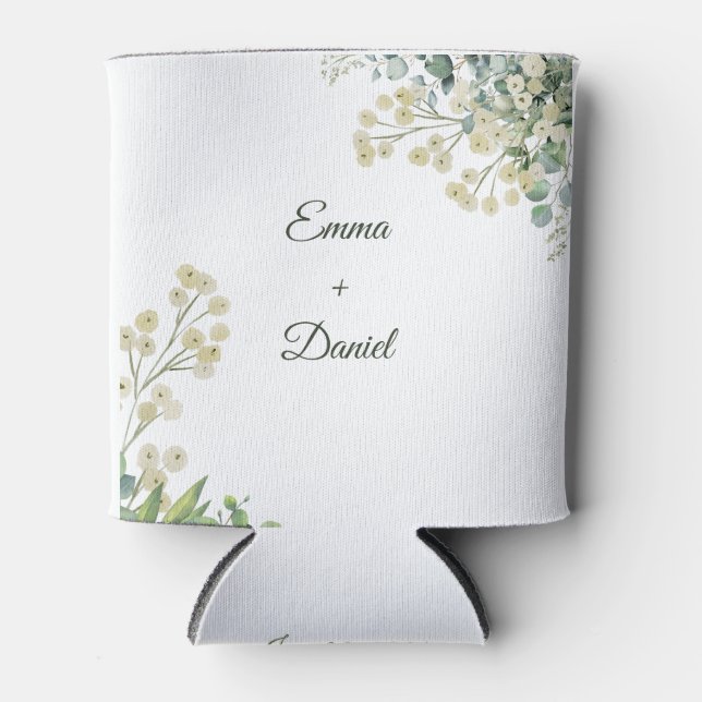 Eucalyptus & White Florals Botanical Wedding  Can Cooler (Front)