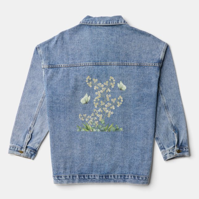 Eucalyptus & White Florals Botanical Wedding  Denim Jacket (Back)