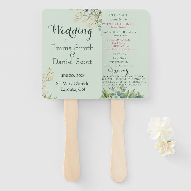 Eucalyptus & White Florals Botanical Wedding  Hand Fan (Front and Back)