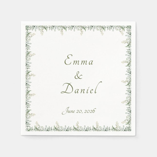 Eucalyptus & White Florals Botanical Wedding Napkin (Front)