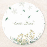 Eucalyptus & White Florals Botanical Wedding  Round Paper Coaster<br><div class="desc">Protect your surfaces with style using these elegant, personalized wedding coasters. This design features a lush watercolor eucalyptus base topped with delicate white flowers and drifting green petals for a whimsical, romantic feel. Custom-made with the couple's names in a graceful sage script, these are perfect for a botanical reception, garden...</div>