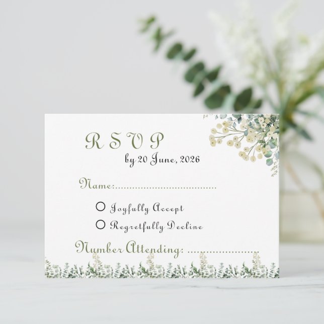 Eucalyptus & White Florals Botanical Wedding  RSVP Card (Standing Front)