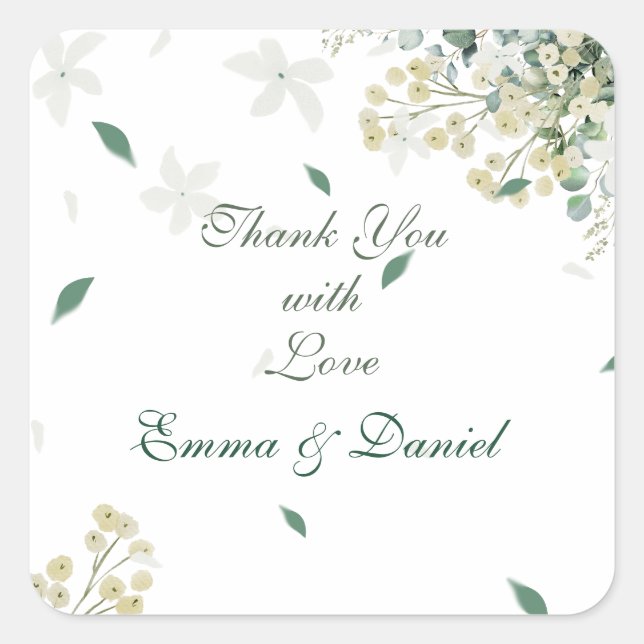 Eucalyptus & White Florals Botanical Wedding Square Sticker (Front)