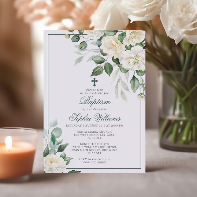 Eucalyptus White Flowers Baptism Invitation (Creator Uploaded)