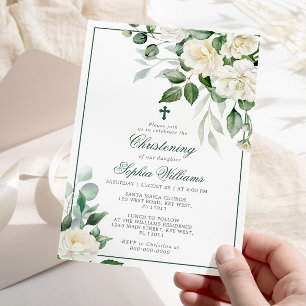 Eucalyptus White Flowers Christening Invitation
