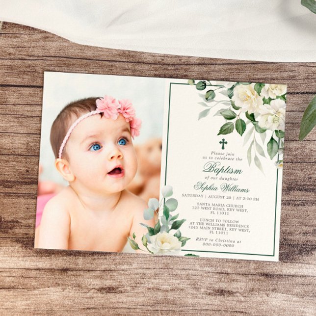 Eucalyptus White Flowers Photo Girl Baptism Invitation (Creator Uploaded)