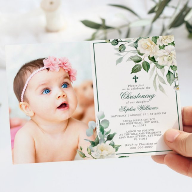 Eucalyptus White Flowers Photo Girl Christening Invitation (Creator Uploaded)