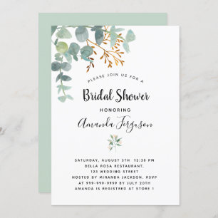Eucalyptus white gold green elegant bridal shower invitation