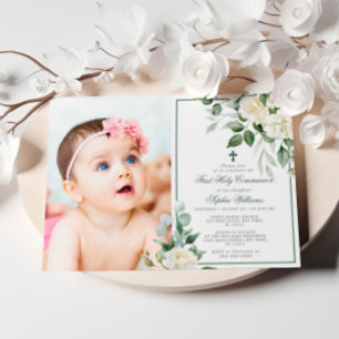 Eucalyptus White Photo Girl First Holy Communion Invitation