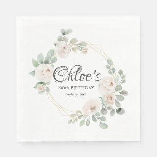 Eucalyptus White Rose Floral 90th Birthday Party Napkin