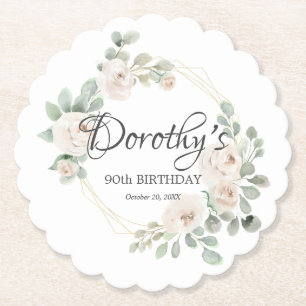 Eucalyptus White Rose Floral 90th Birthday Party Paper Coaster
