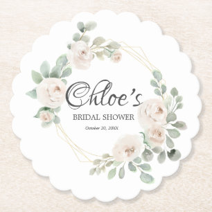 Eucalyptus White Rose Floral Bridal Shower Paper Coaster