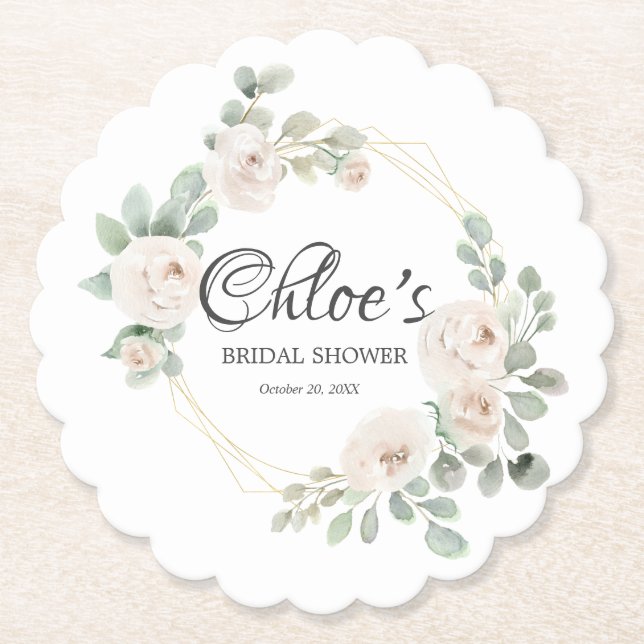 Eucalyptus White Rose Floral Bridal Shower Paper Coaster (Front)