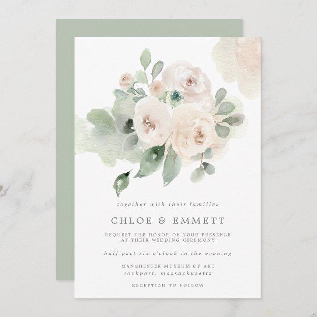 Eucalyptus White Rose Floral Wedding Invitation (Front/Back)