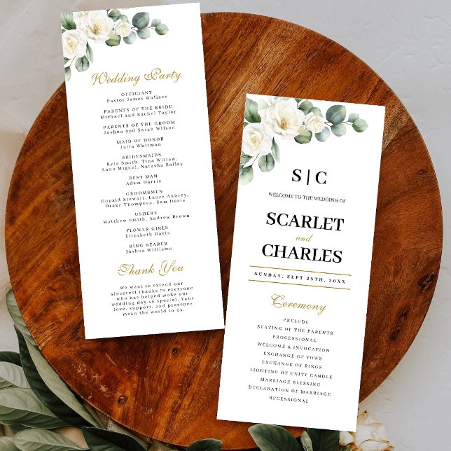 Eucalyptus White Rose Greenery Floral Wedding Program (Eucalyptus white rose wedding program guides guests with timeless botanical elegance.)