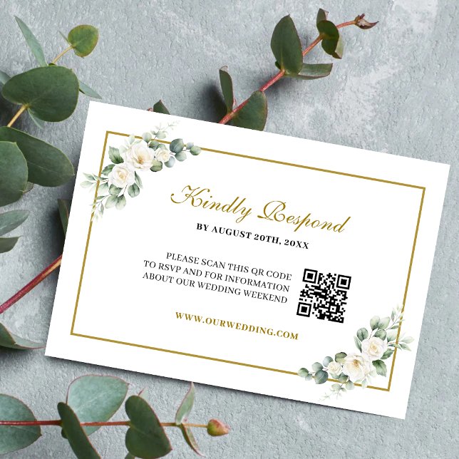 Eucalyptus White Rose Greenery Wedding QR Code RSVP Card (Eucalyptus white rose QR Code RSVP card makes guest replies effortless with elegant style.)