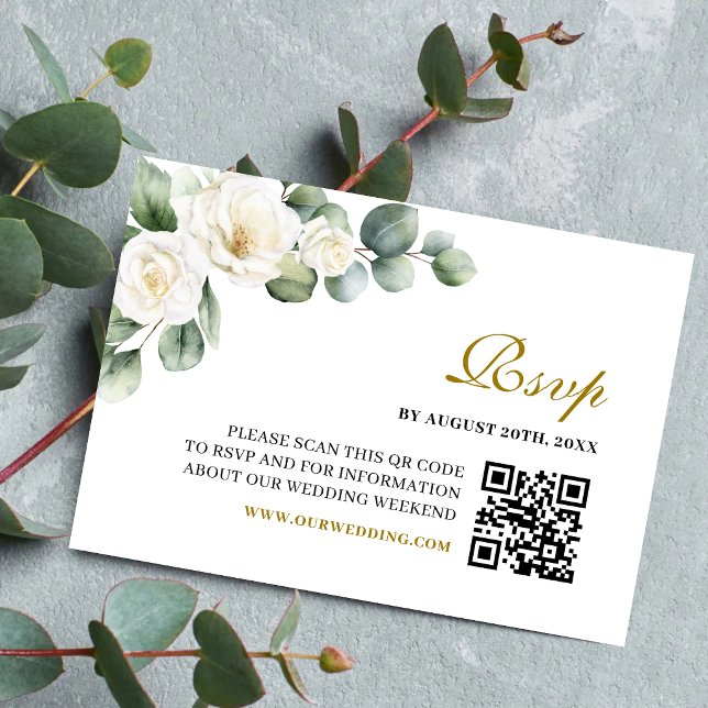 Eucalyptus White Rose Greenery Wedding QR Code RSVP Card (Eucalyptus white rose QR Code RSVP card simplifies guest replies with timeless elegance.)