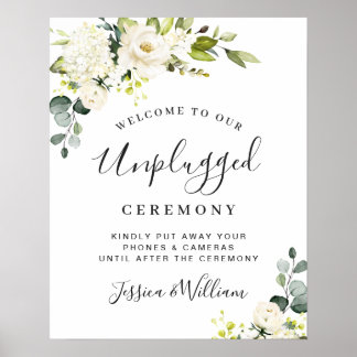 Eucalyptus White Roses Unplugged Wedding Ceremony Poster