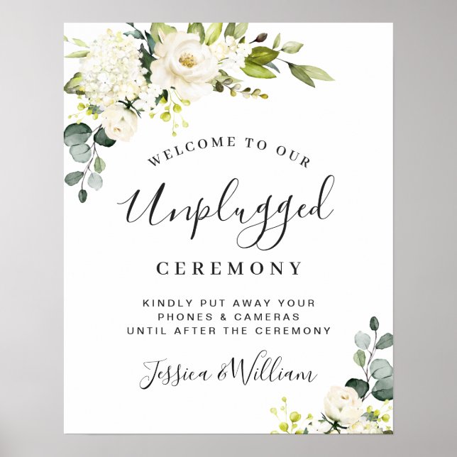 Eucalyptus White Roses Unplugged Wedding Ceremony Poster (Front)